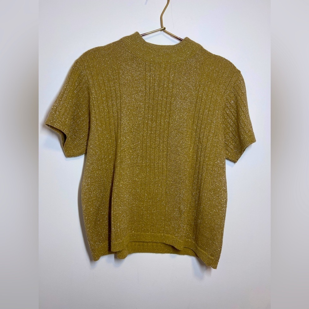 Gold Metallic Mock Turtleneck Holiday Sweater Short Sleeve Vintage size large
